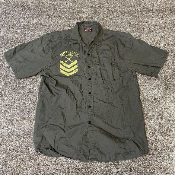 Mac Tools Shirt Mens Size Large Button Front Wrenchers Graphic Print Olive Green - Picture 2 of 9